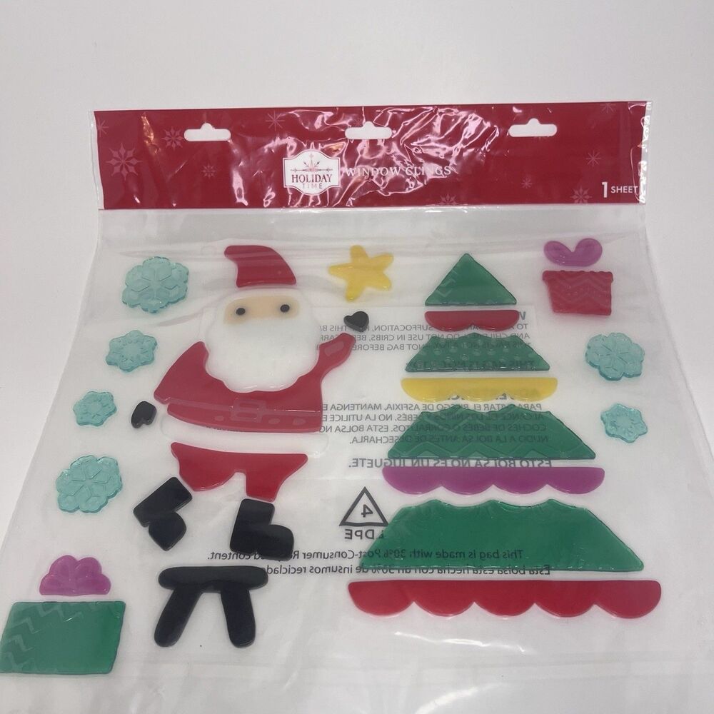 Holiday Time Christmas Window Clings Sheet Santa Claus & Christmas Tree - NEW ~
